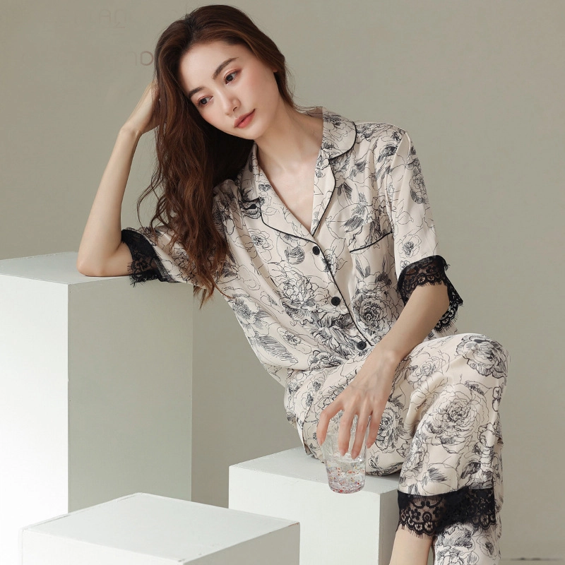 桔内 高级感丝绸休闲服冰丝短袖长裤仿真丝家居服复古印花玫瑰花凉感可外穿三分袖睡衣套装 女款