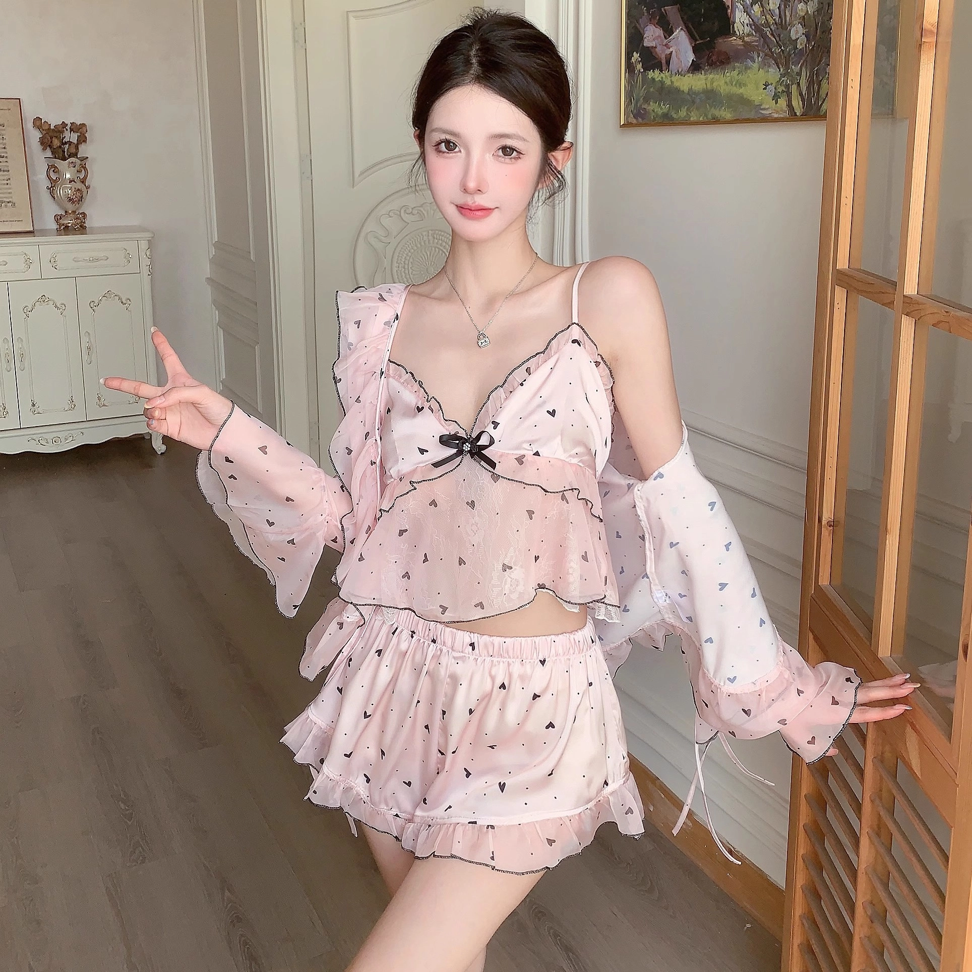 桔内 爱心碎花性感纯欲网纱睡衣套装 女款