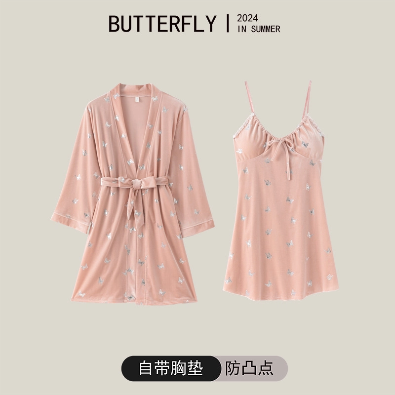 桔内 高级感性感舒适亲肤冰丝睡裙纯欲吊带带胸垫睡袍家居服可外穿性感蝴蝶结烫印睡衣套装 女款