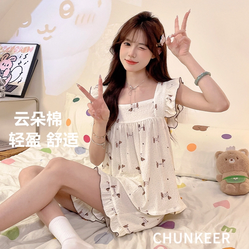 桔内 云朵棉背心短裤甜美清凉薄款可爱外穿家居服睡衣套装 女款