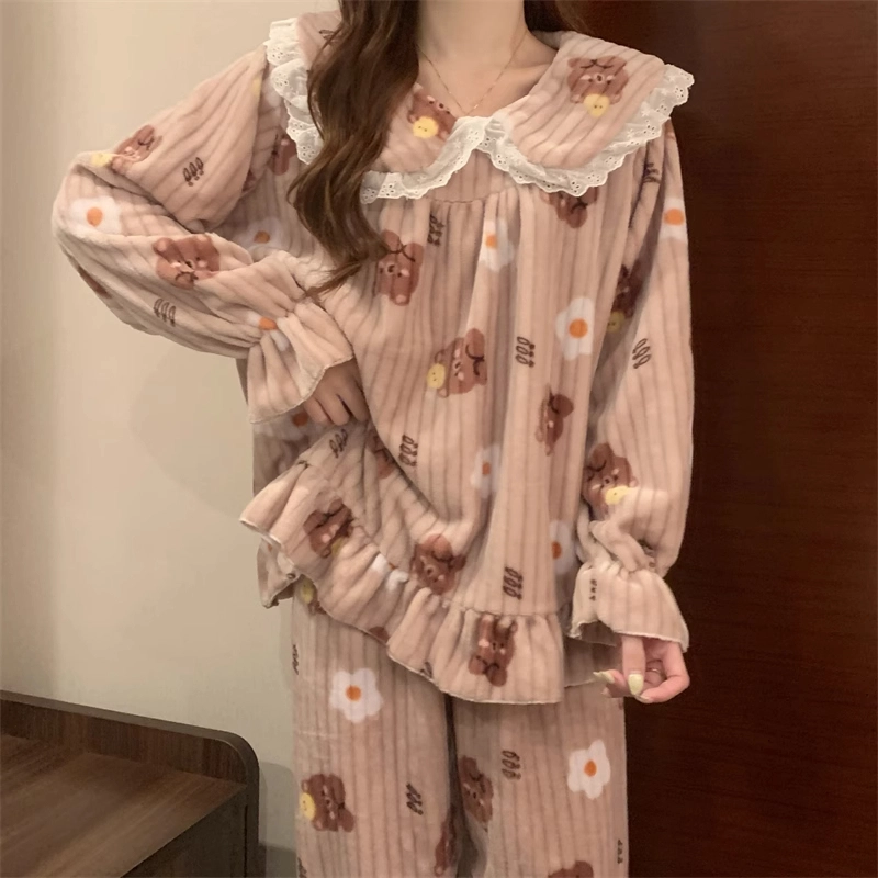 桔内 甜美风花边娃娃领可爱卡通小熊加厚保暖套头长袖睡衣套装 女款
