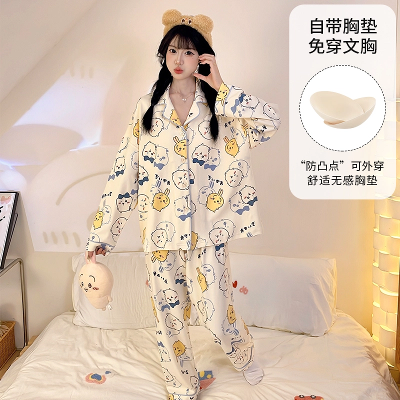 桔内 秋季纯棉卡通甜美舒适休闲带胸垫可外穿家居服 睡衣套装 女款