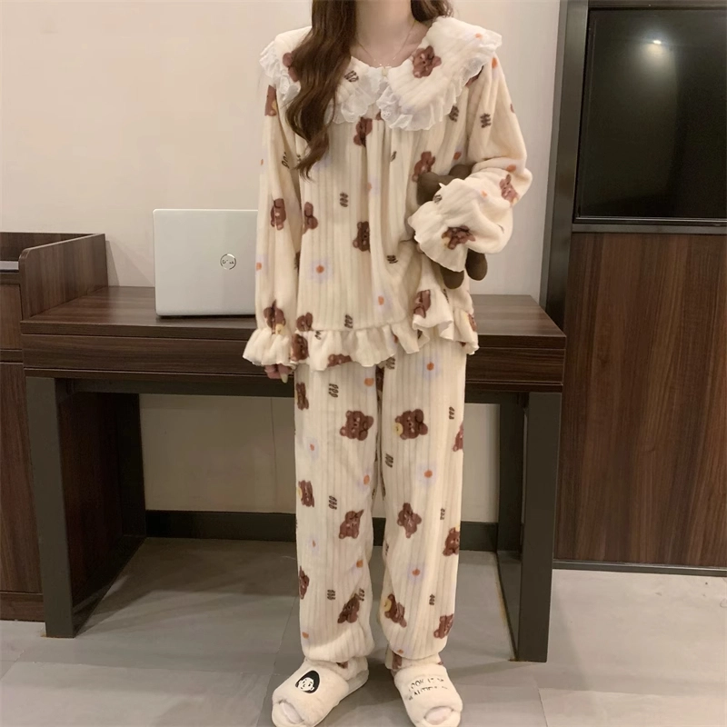 桔内 甜美风花边娃娃领可爱卡通小熊加厚保暖套头长袖睡衣套装 女款
