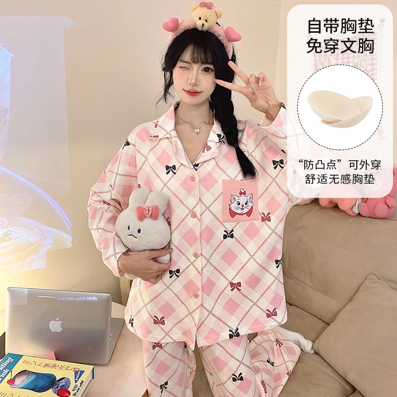 桔内 秋季纯棉卡通甜美可爱粉色少女一体式胸垫可外穿家居服 睡衣套装 女款