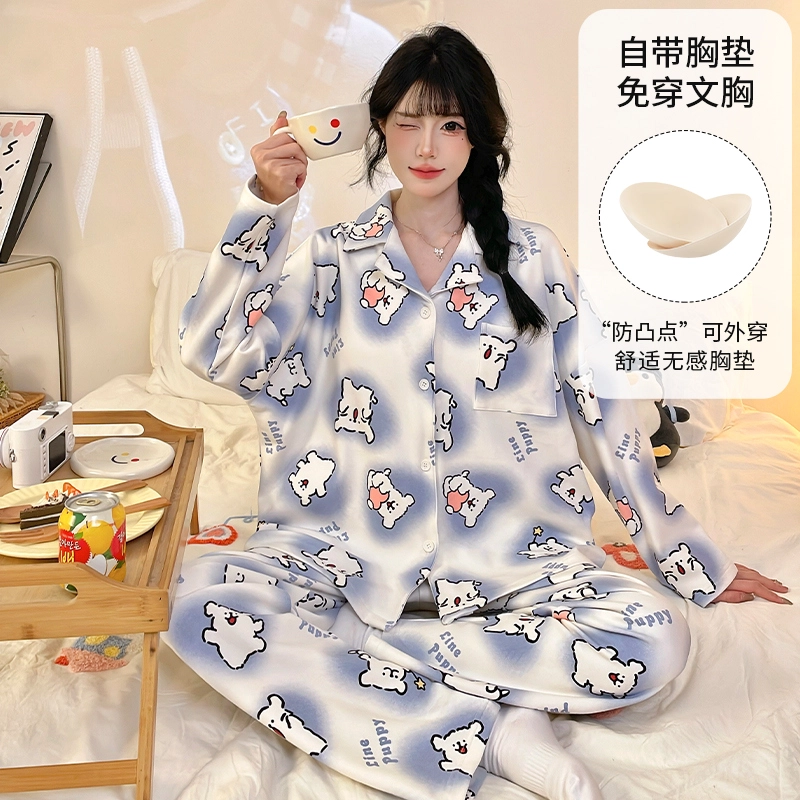 桔内 秋季纯棉带胸垫可爱卡通宽松可外穿家居服 睡衣套装 女款