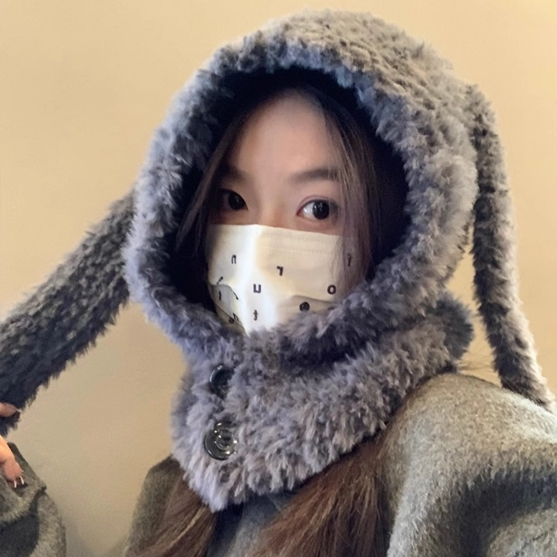 北极绒 可爱兔子耳朵巴拉克拉法帽秋冬季新款加厚防寒保暖毛绒 聚酯纤维 帽子 男女同款情侣款