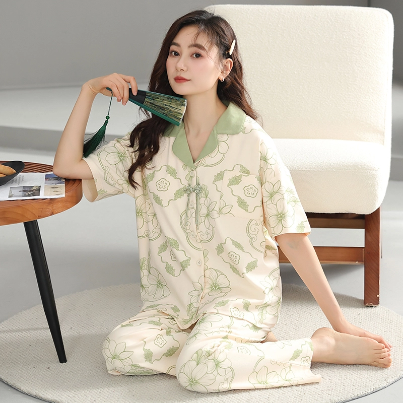 芬腾可安 外出可穿日常时尚亲肤百搭休闲简约甜美柔软一体式带胸垫透气显瘦家居服春夏季睡衣套装 女款