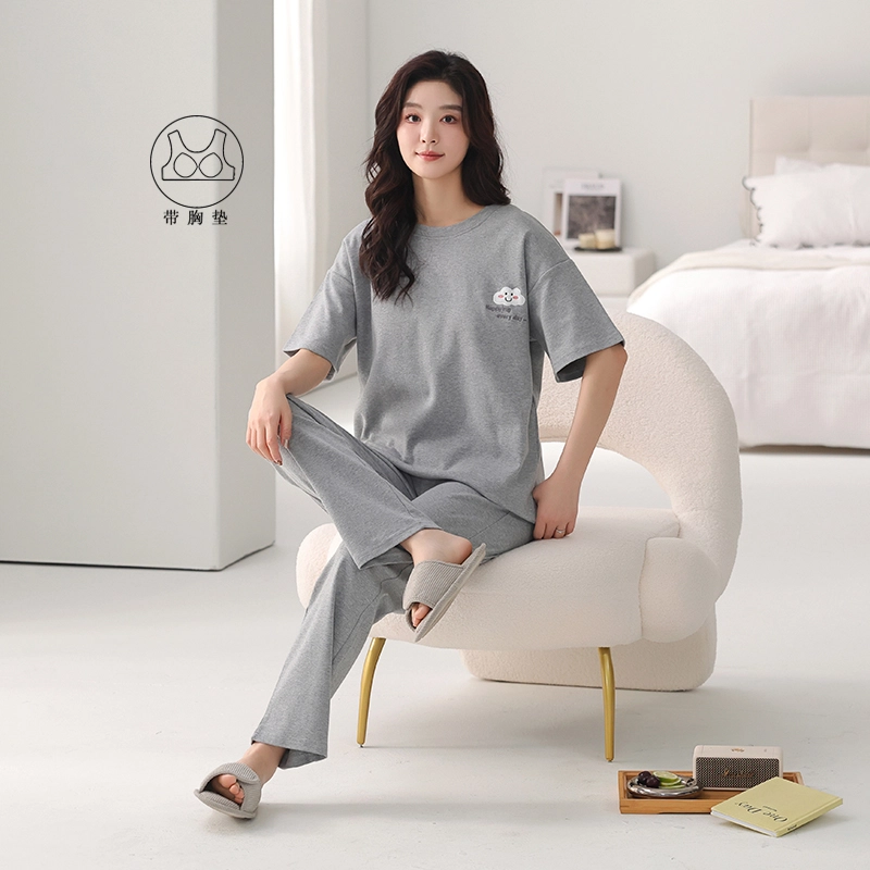 芬腾可安 韩版时尚休闲亲肤简约带胸垫短袖长裤家居服可外穿睡衣套装 女款 灰色