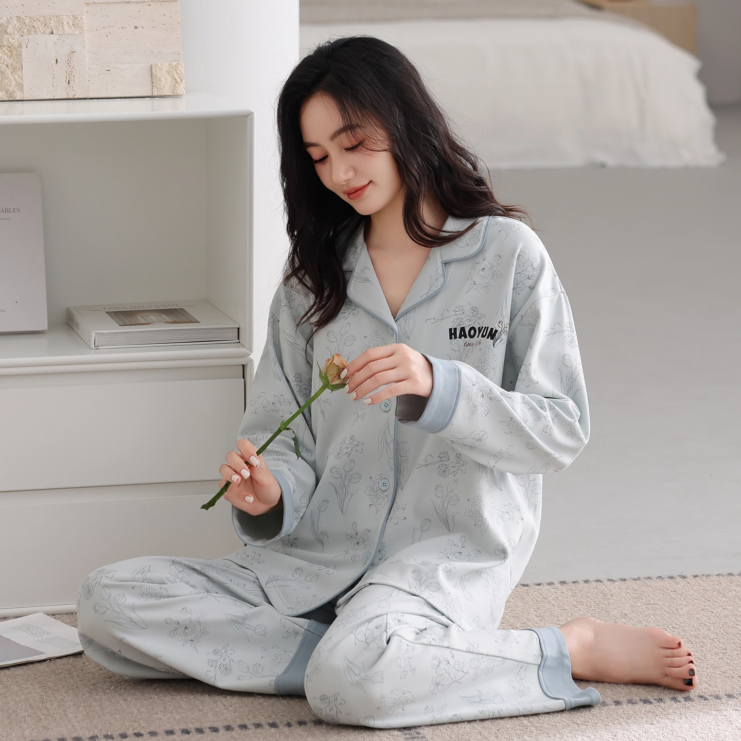 芬腾可安 春秋设计感柔软亲肤翻领纯棉优雅开衫简约时尚家居服睡衣套装 女款