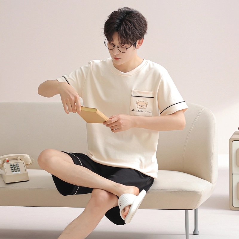 芬腾可安 可外穿的纯棉时尚气质舒适休闲遮肉显瘦柔软舒适大学生短袖短裤情侣款宿舍可穿家居服睡衣套装 男款