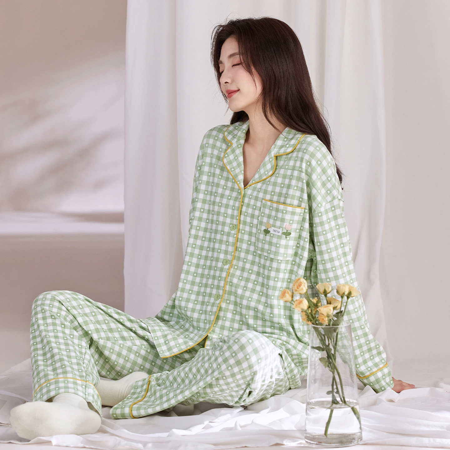 芬腾可安 春秋纯棉优雅翻领简约时尚设计感柔软亲肤开衫家居服睡衣套装 女款