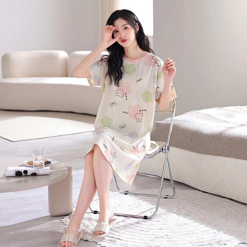 芬腾可安 韩版亲肤舒适时尚圆领细腻柔软短袖居家睡裙 女款 白色