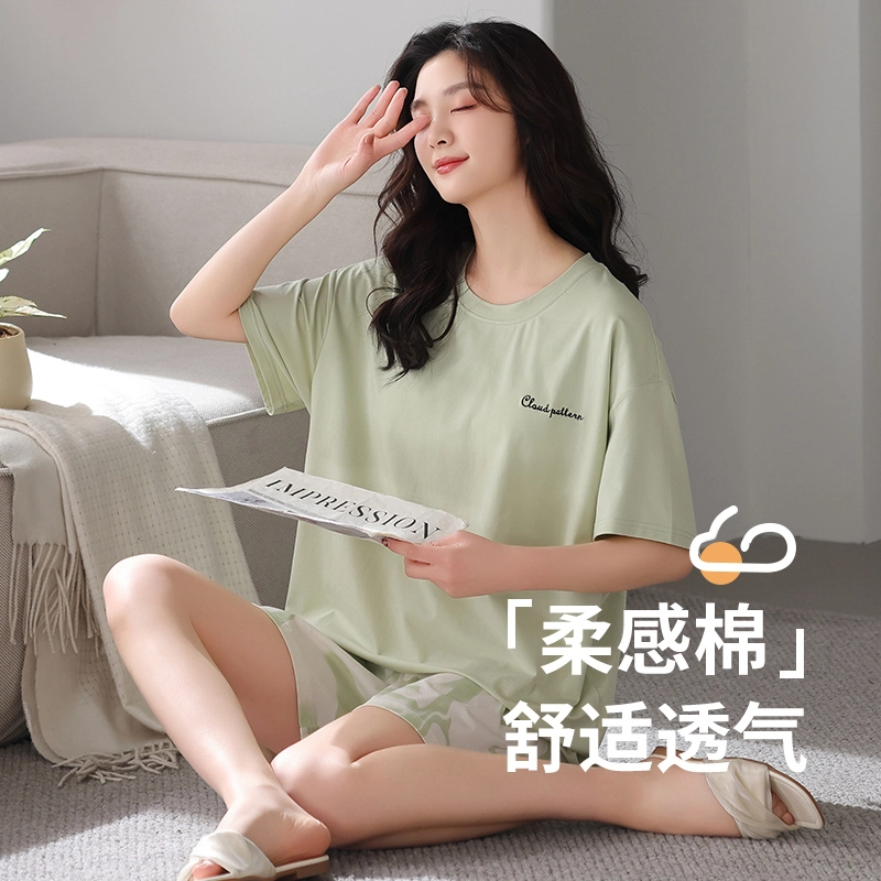 芬腾可安 韩版简约休闲带胸垫透气宽松设计感显瘦亲肤舒适宿舍外出都可穿的家居服短袖三分裤睡衣套装 女款