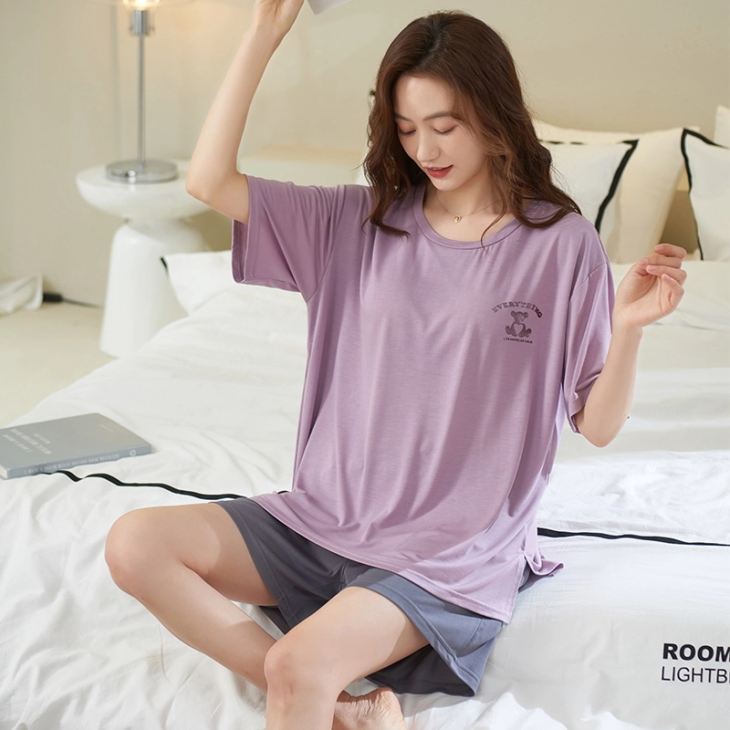 芬腾可安 薄款卡通简约韩版短袖三分裤家居服可外穿睡衣套装 女款 豆沙紫