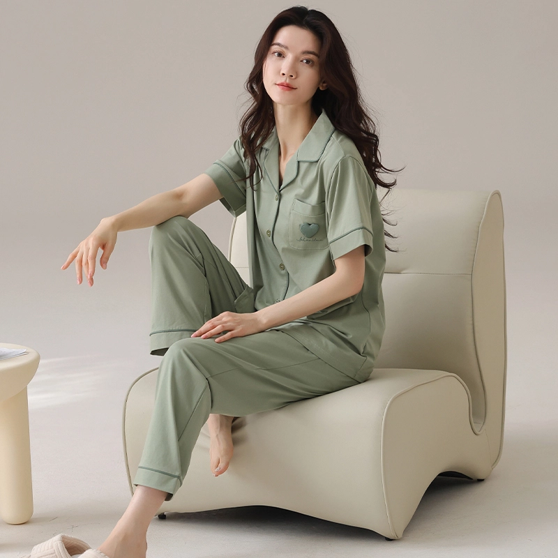 芬腾可安 韩版纯棉轻熟风简约休闲气质细腻亲肤优雅柔软高级感时尚透气舒适微弹少女可穿短袖长裤家居服睡衣套装 女款