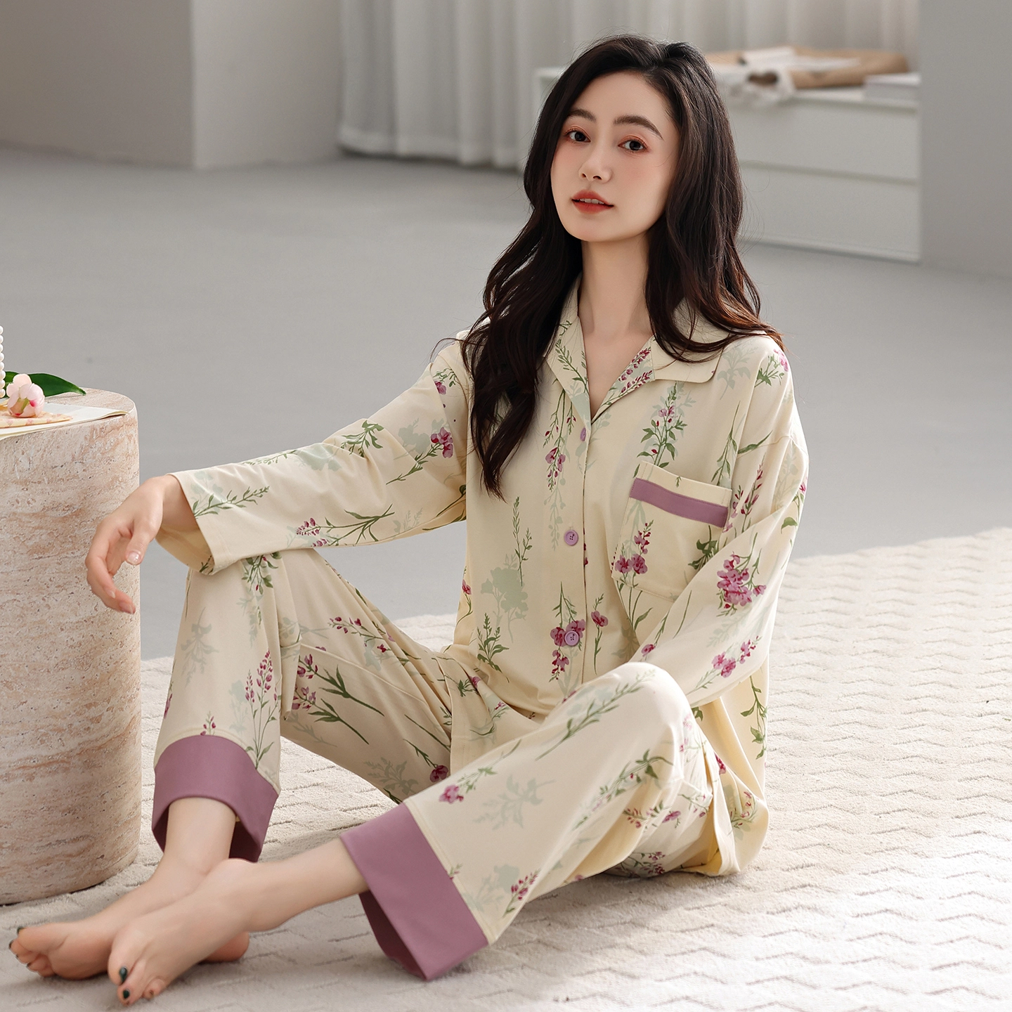 芬腾可安 春秋设计感柔软纯棉优雅简约时尚亲肤家居服睡衣套装 女款