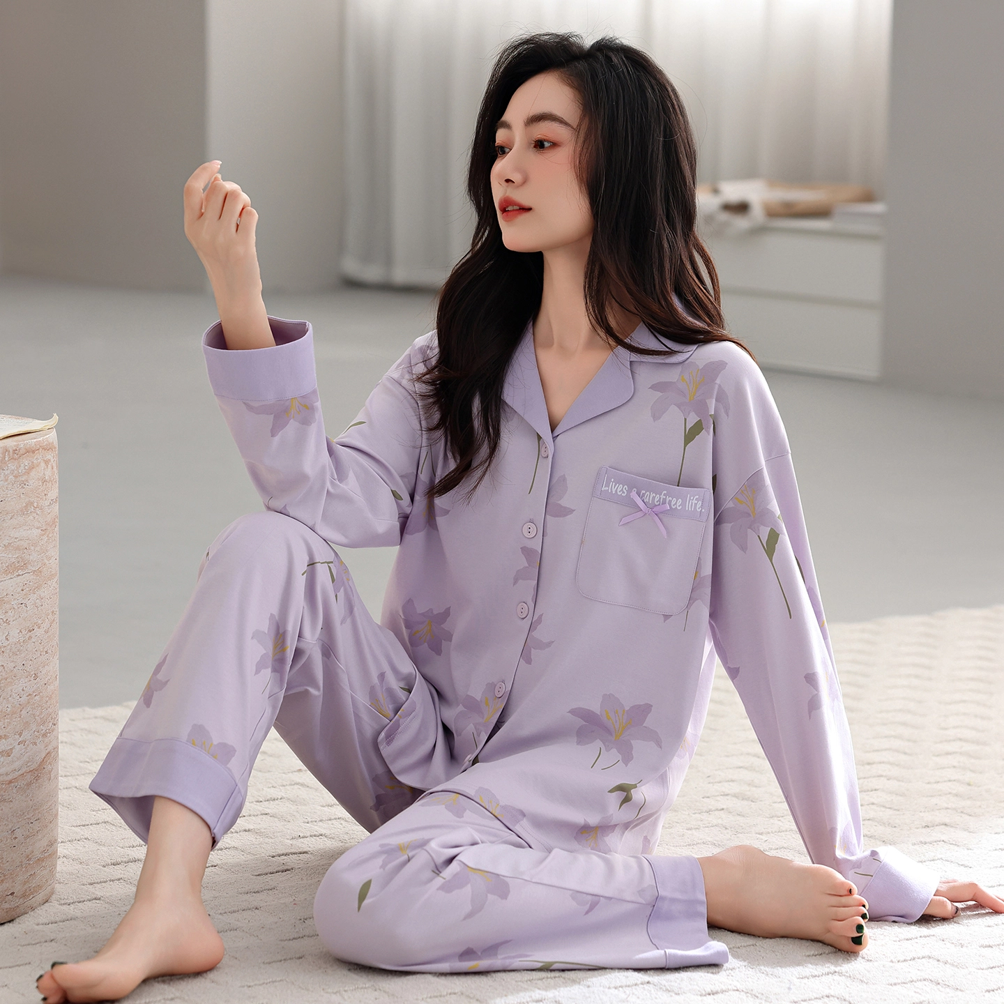 芬腾可安 春秋设计感柔软纯棉优雅简约时尚亲肤翻领家居服睡衣套装 女款