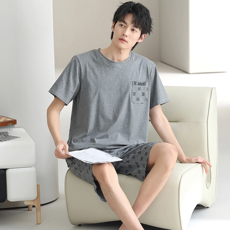 芬腾可安 休闲经典时尚简约微弹透气轻柔舒适亲肤圆领家居服睡衣套装 男款 灰色