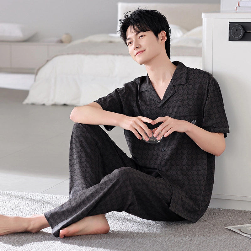 芬腾可安 透气时尚简约休闲短袖可外穿亲肤细腻家居服睡衣套装 男款 黑色