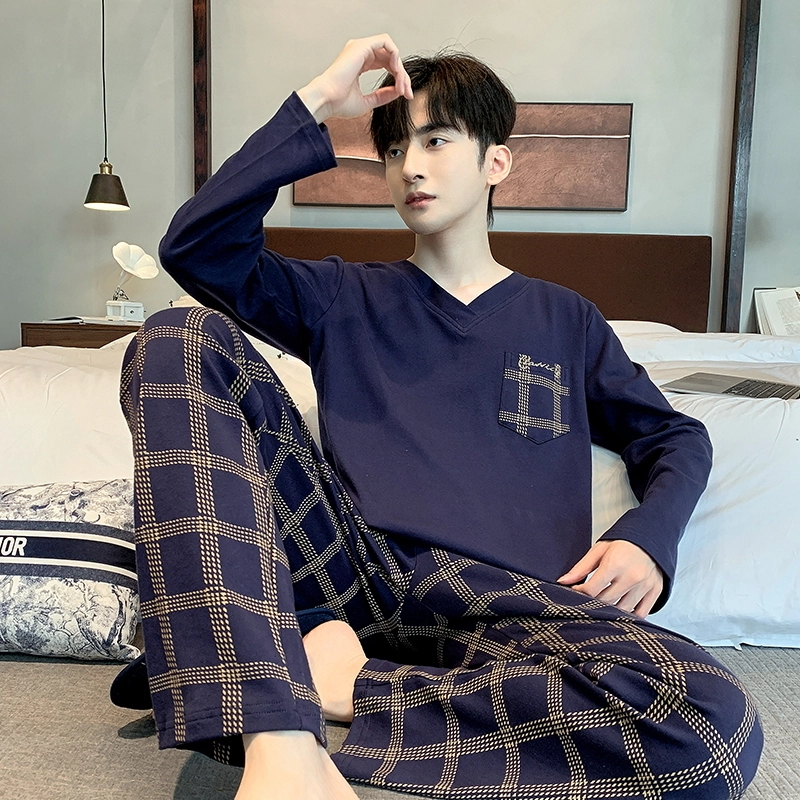 芬腾可安 时尚舒适针织简约口袋长袖格仔长裤亲肤家居服可外穿睡衣套装 男款 藏青色