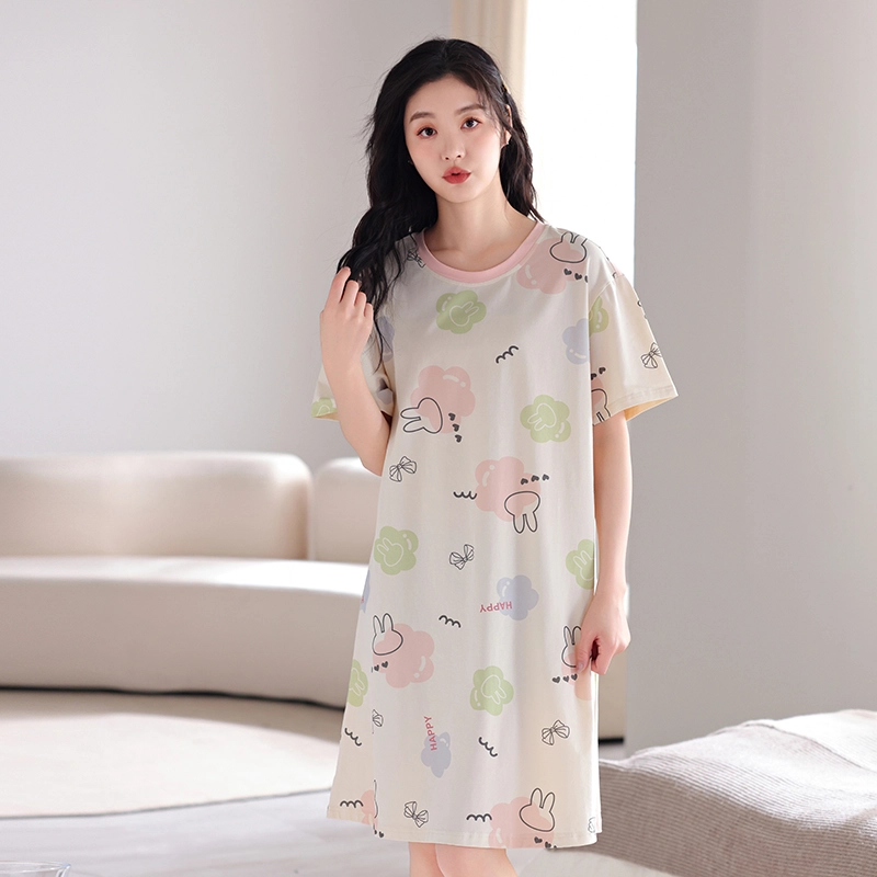 芬腾可安 韩版亲肤舒适时尚圆领细腻柔软短袖居家睡裙 女款 白色