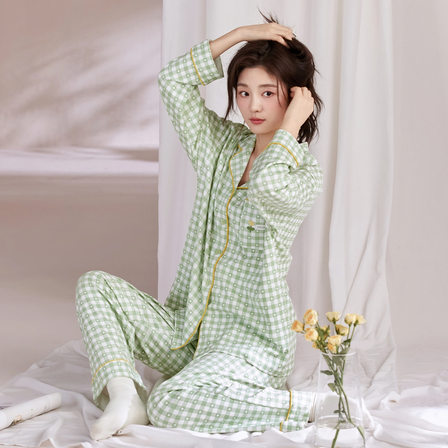 芬腾可安 春秋纯棉优雅翻领简约时尚设计感柔软亲肤开衫家居服睡衣套装 女款