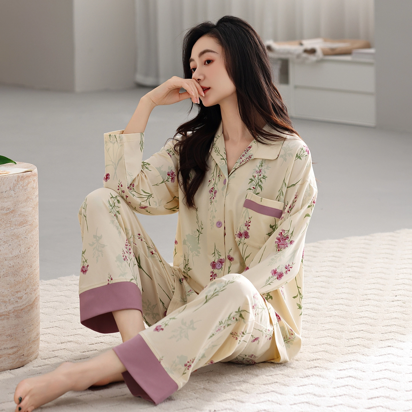 芬腾可安 春秋设计感柔软纯棉优雅简约时尚亲肤家居服睡衣套装 女款