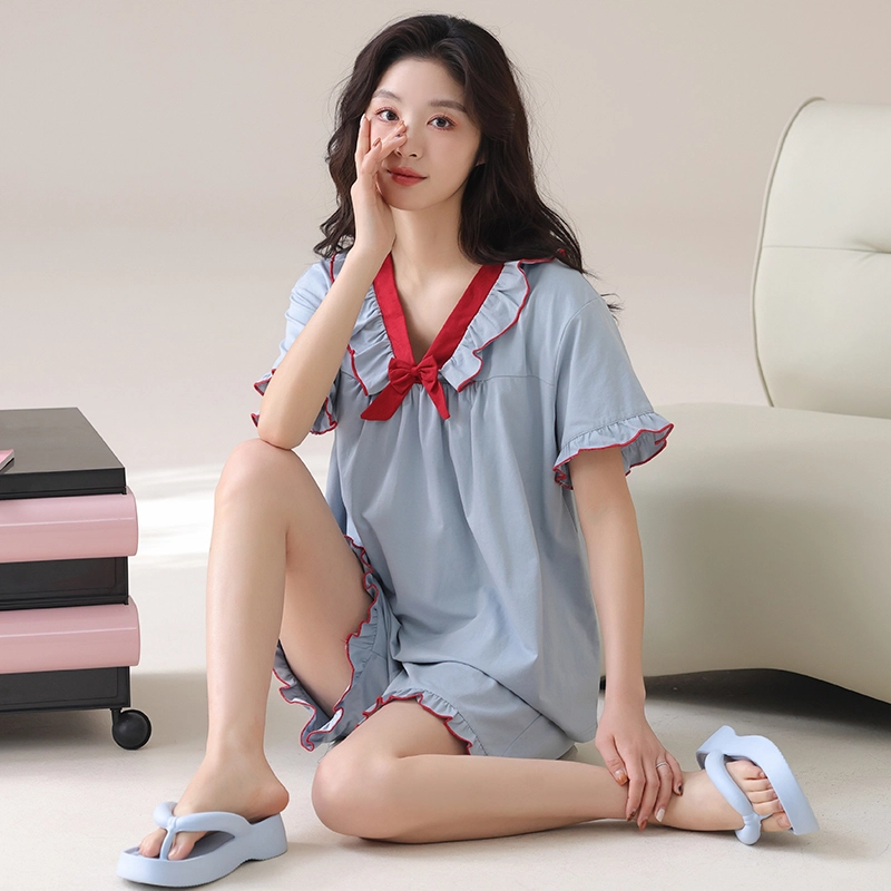 芬腾可安 春夏季精致休闲小清新带胸垫一体式设计感透气显瘦柔软亲肤宽松外出都可穿的家居服睡衣套装 女款