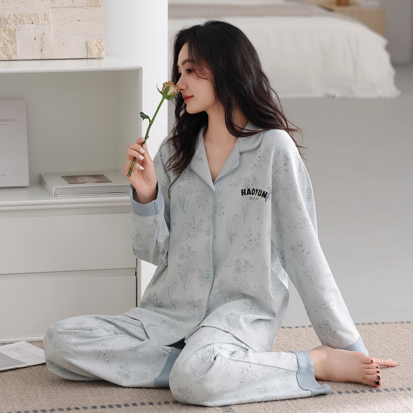 芬腾可安 春秋设计感柔软亲肤翻领纯棉优雅开衫简约时尚家居服睡衣套装 女款