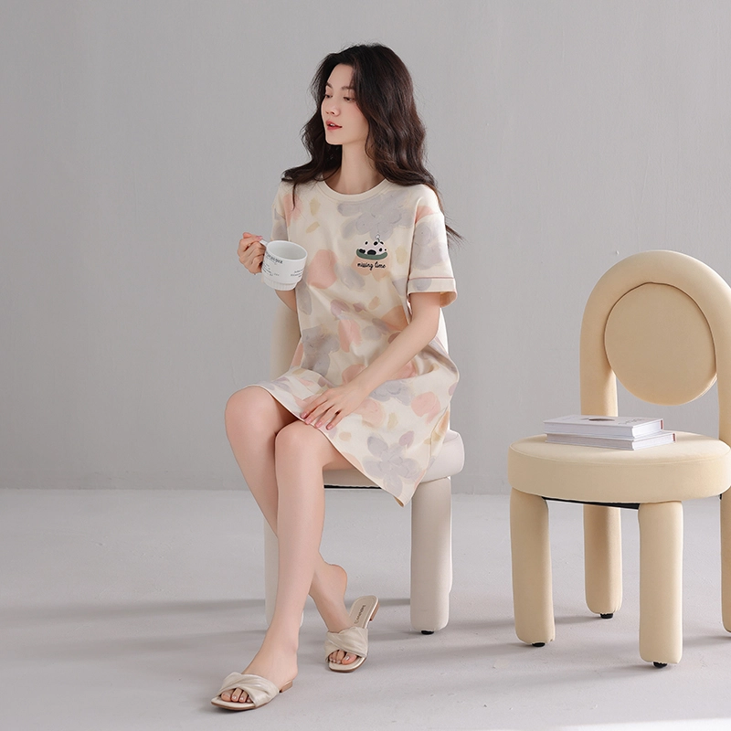 芬腾可安 亲肤韩版甜美简约休闲透气轻盈舒适时尚圆领细腻可爱带胸垫短袖居家睡裙 女款 杏色