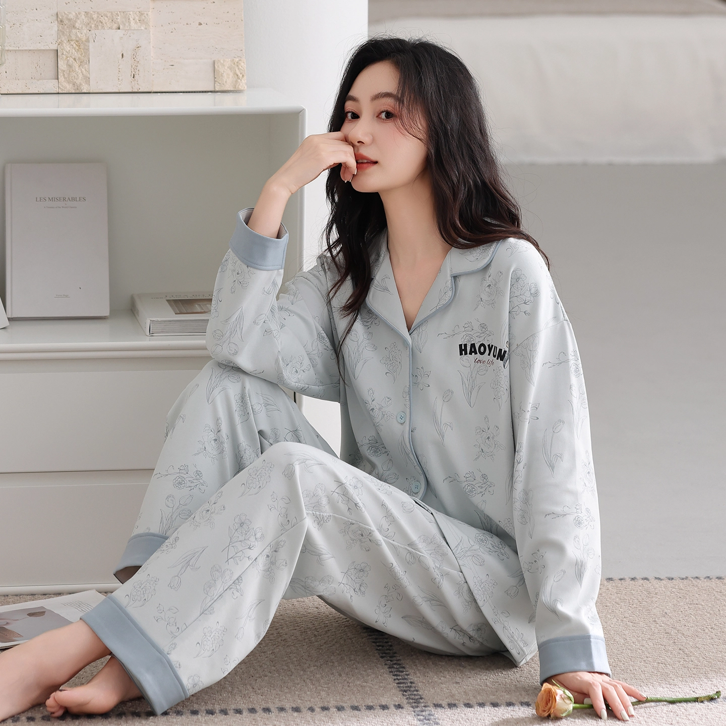 芬腾可安 春秋设计感柔软亲肤翻领纯棉优雅开衫简约时尚家居服睡衣套装 女款