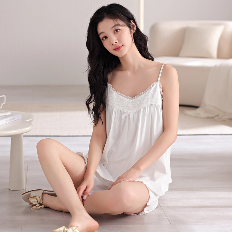 芬腾可安 简约时尚柔软轻盈舒适透气甜美吊带家居服睡衣套装 女款 白色