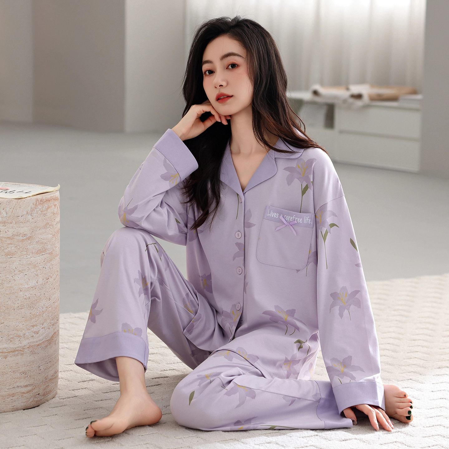 芬腾可安 春秋设计感柔软纯棉优雅简约时尚亲肤翻领家居服睡衣套装 女款