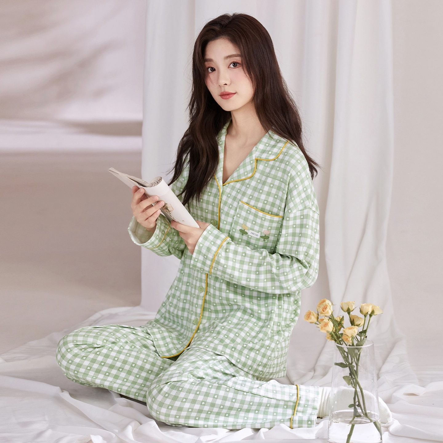 芬腾可安 春秋纯棉优雅翻领简约时尚设计感柔软亲肤开衫家居服睡衣套装 女款