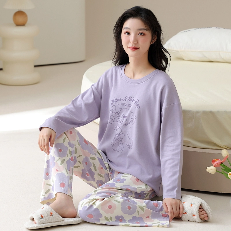 芬腾可安 舒适柔软亲肤带胸垫防凸点长袖长裤可外穿睡衣套装 女款 香芋紫