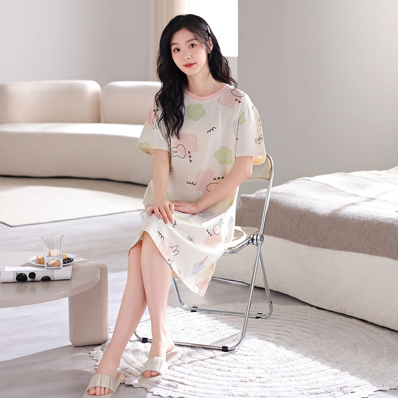 芬腾可安 韩版亲肤舒适时尚圆领细腻柔软短袖居家睡裙 女款 白色