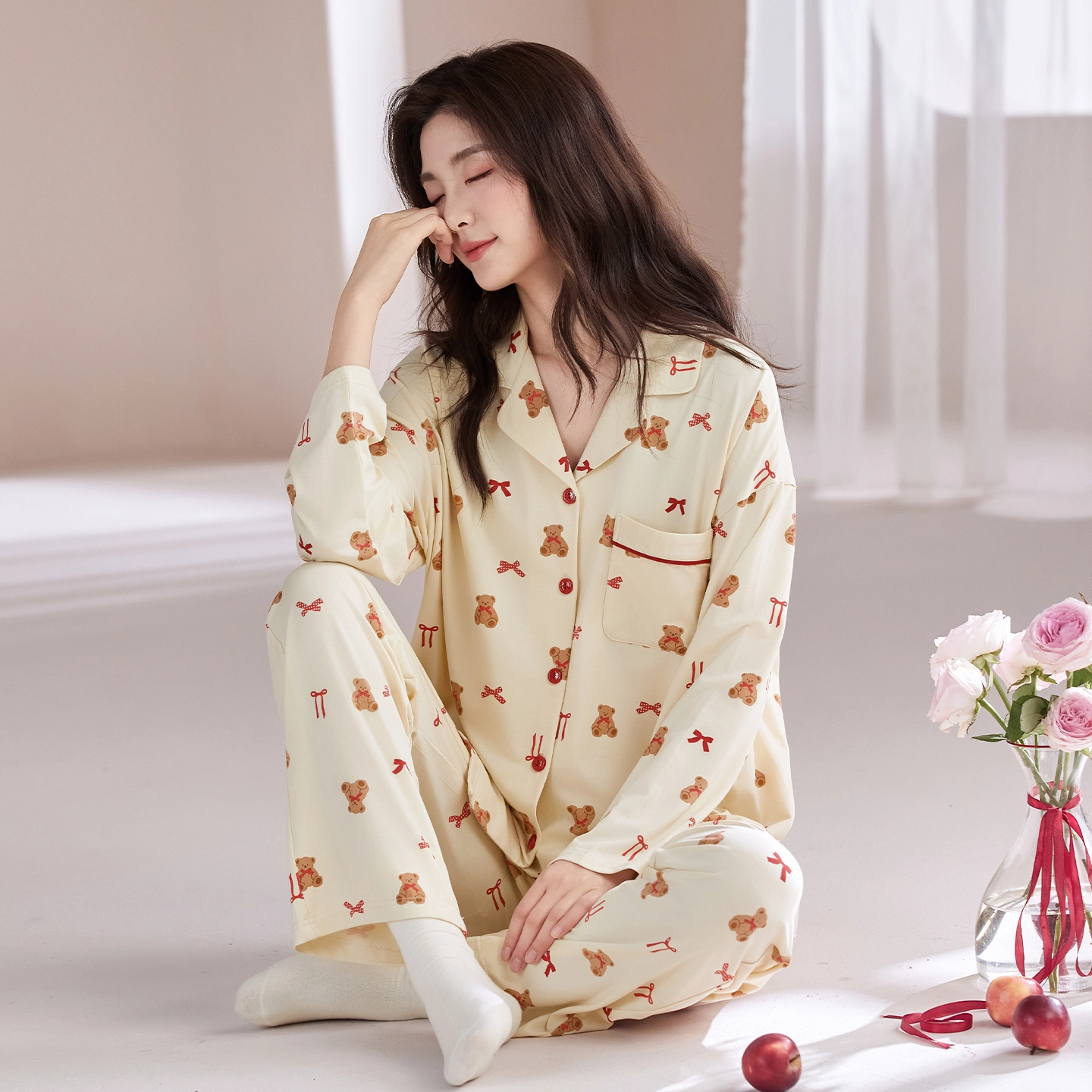 芬腾可安 春秋纯棉优雅气质简约时尚亲肤设计感柔软开衫家居服睡衣套装 女款