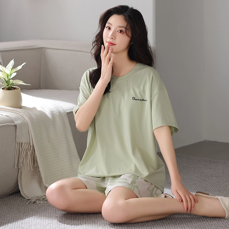 芬腾可安 韩版简约休闲带胸垫透气宽松设计感显瘦亲肤舒适宿舍外出都可穿的家居服短袖三分裤睡衣套装 女款
