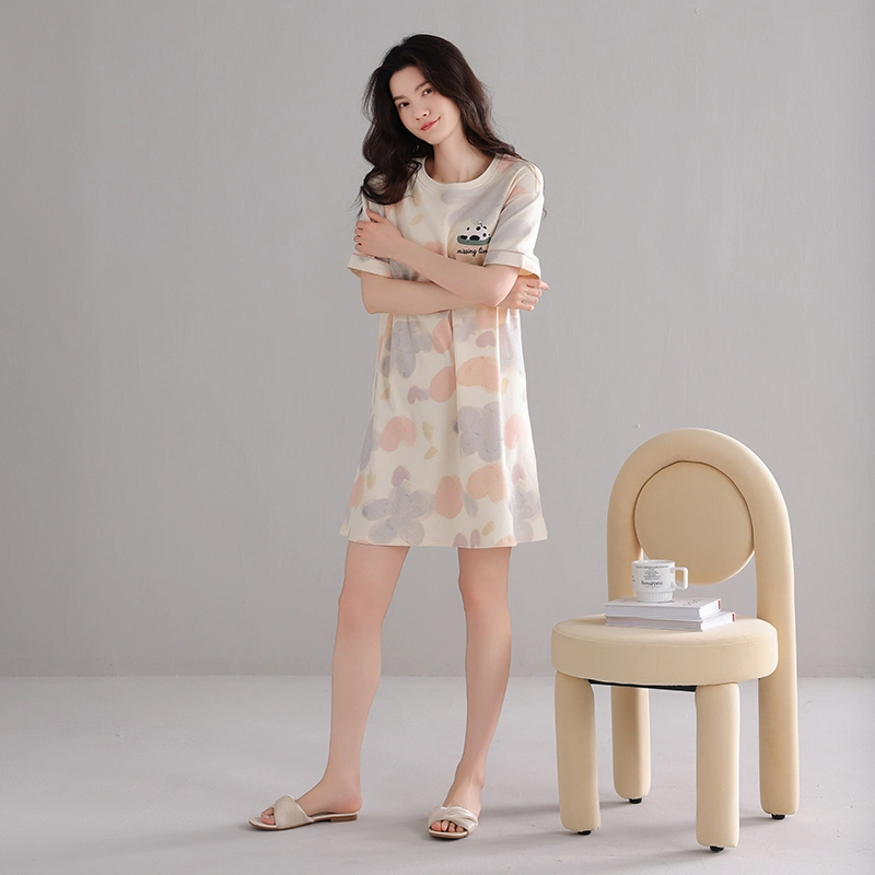 芬腾可安 亲肤韩版甜美简约休闲透气轻盈舒适时尚圆领细腻可爱带胸垫短袖居家睡裙 女款 杏色