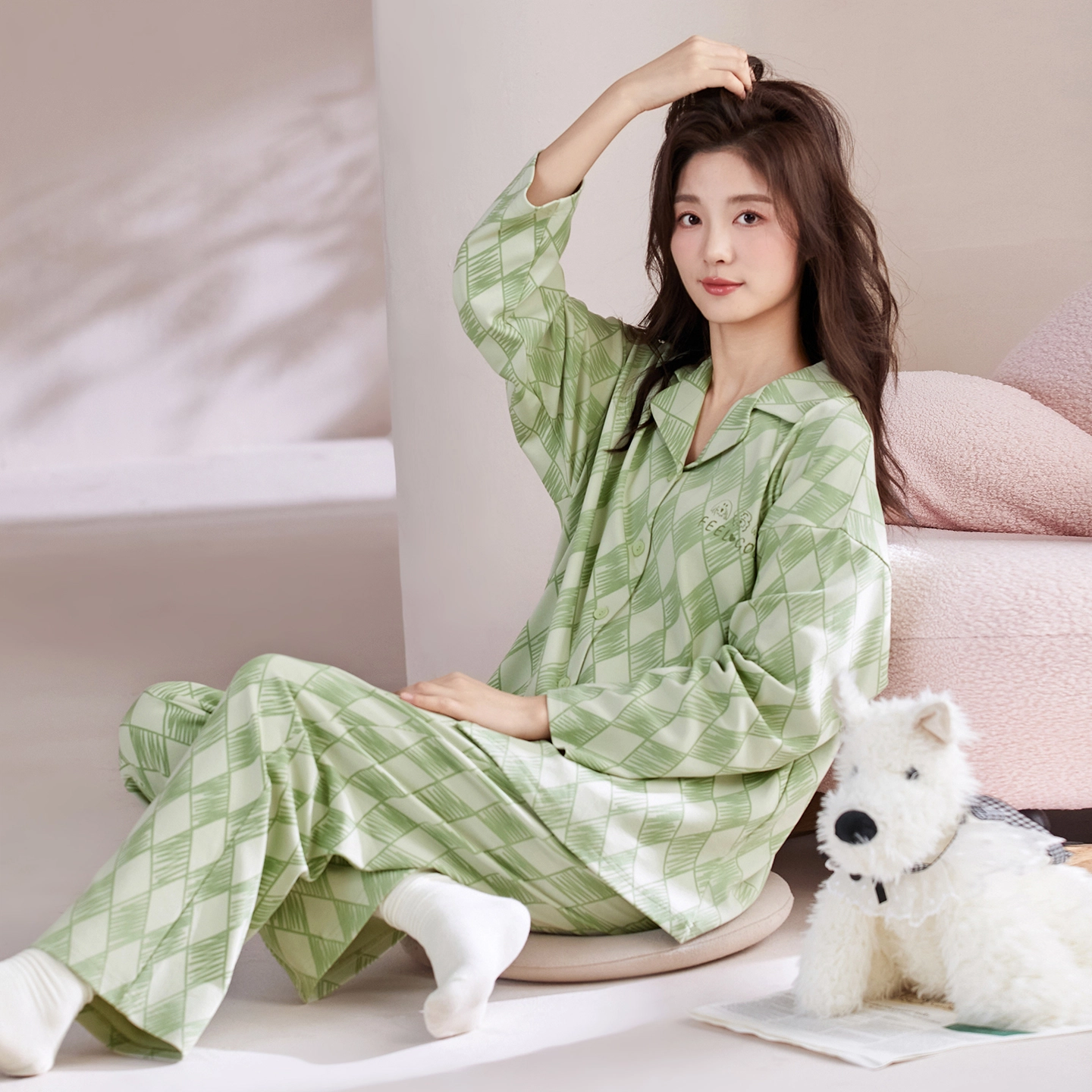芬腾可安 春秋纯棉优雅翻领简约时尚亲肤设计感柔软开衫家居服睡衣套装 女款