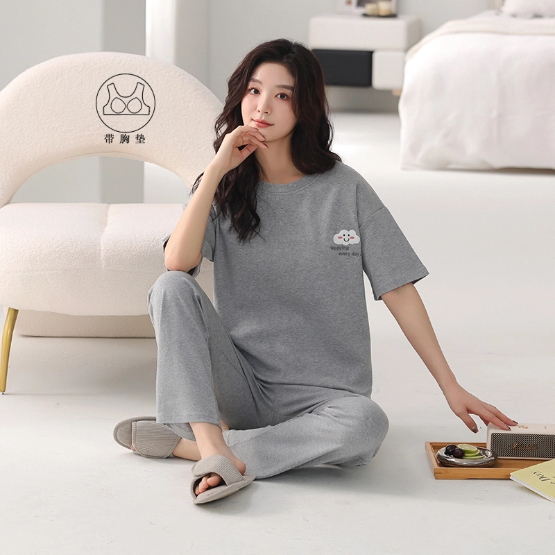 芬腾可安 韩版时尚休闲亲肤简约带胸垫短袖长裤家居服可外穿睡衣套装 女款 灰色