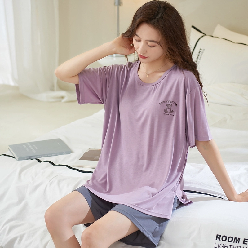 芬腾可安 薄款卡通简约韩版短袖三分裤家居服可外穿睡衣套装 女款 豆沙紫