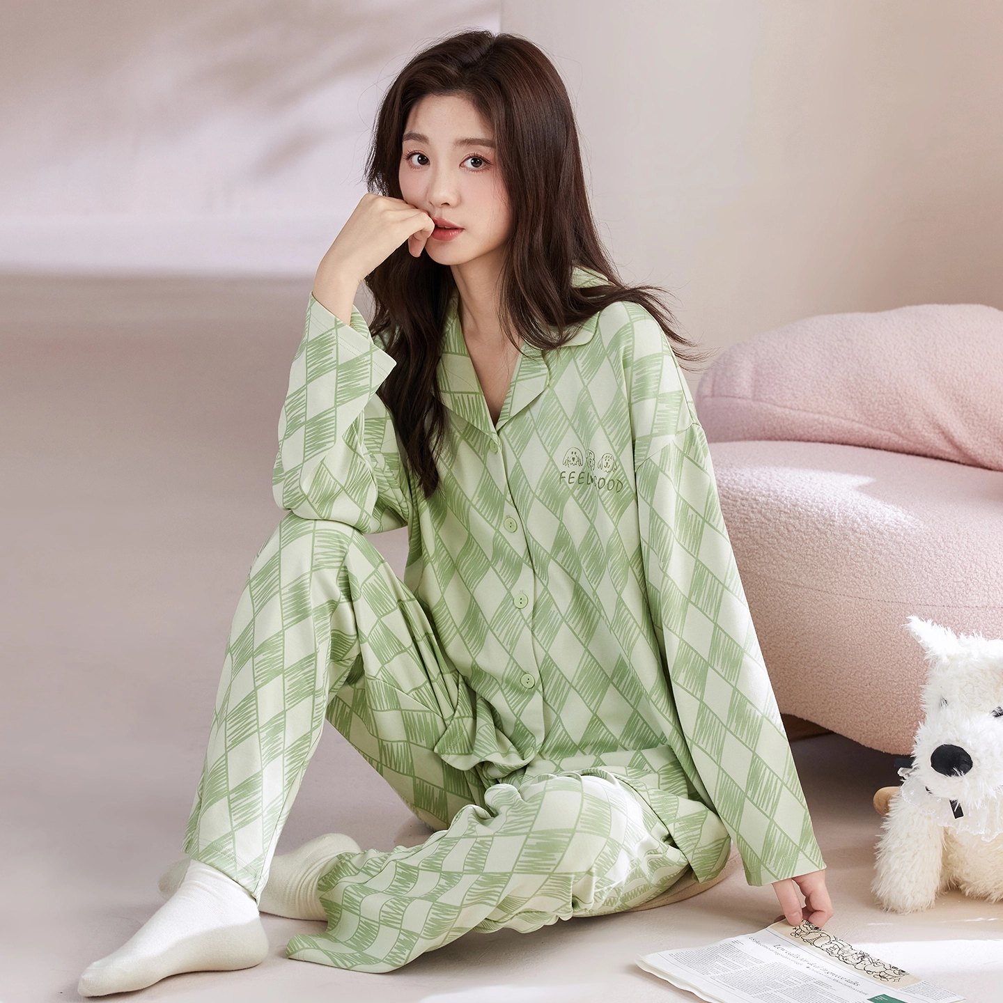 芬腾可安 春秋纯棉优雅翻领简约时尚亲肤设计感柔软开衫家居服睡衣套装 女款