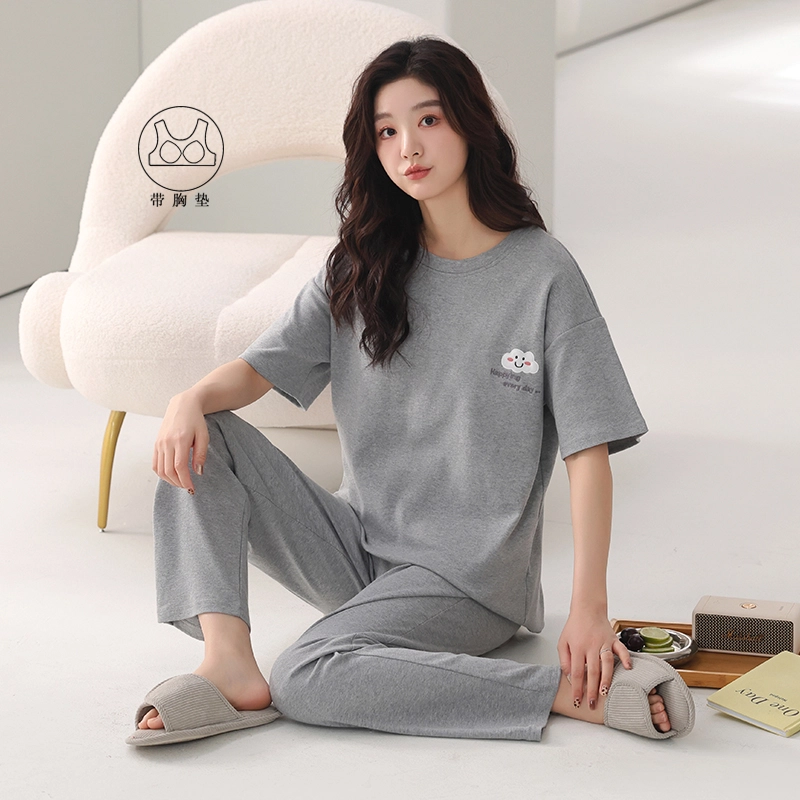 芬腾可安 韩版时尚休闲亲肤简约带胸垫短袖长裤家居服可外穿睡衣套装 女款 灰色
