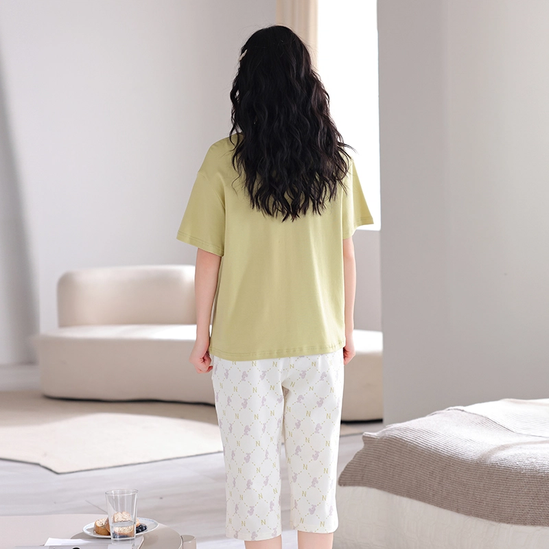 芬腾可安 薄款韩版亲肤柔软休闲简约清新时尚可外穿家居服睡衣套装 女款 黄绿色
