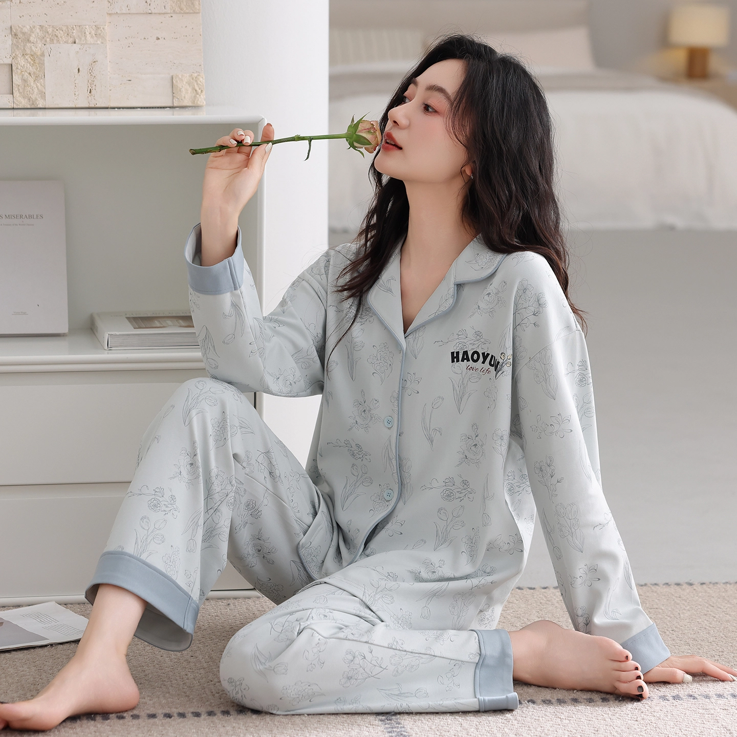 芬腾可安 春秋设计感柔软亲肤翻领纯棉优雅开衫简约时尚家居服睡衣套装 女款