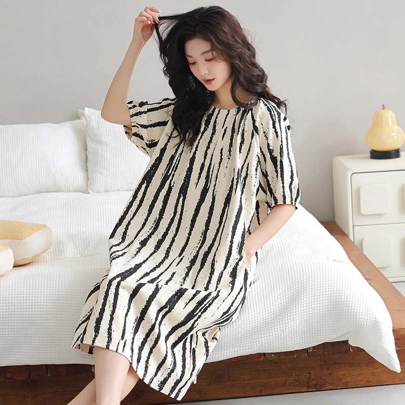 芬腾可安 时尚透气休闲亲肤细腻柔软宽松中长款短袖睡裙 女款 杏色