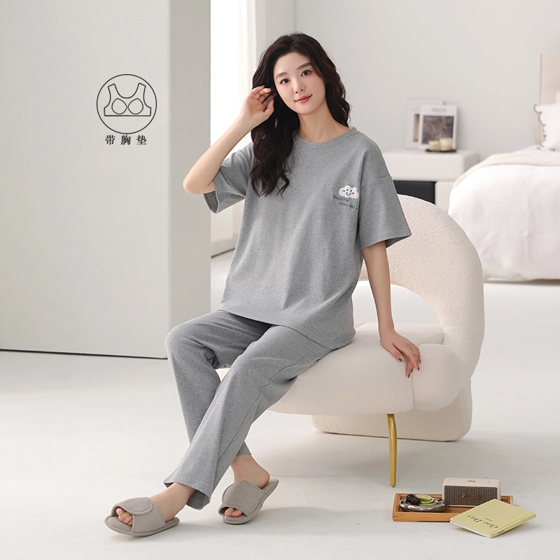 芬腾可安 韩版时尚休闲亲肤简约带胸垫短袖长裤家居服可外穿睡衣套装 女款 灰色