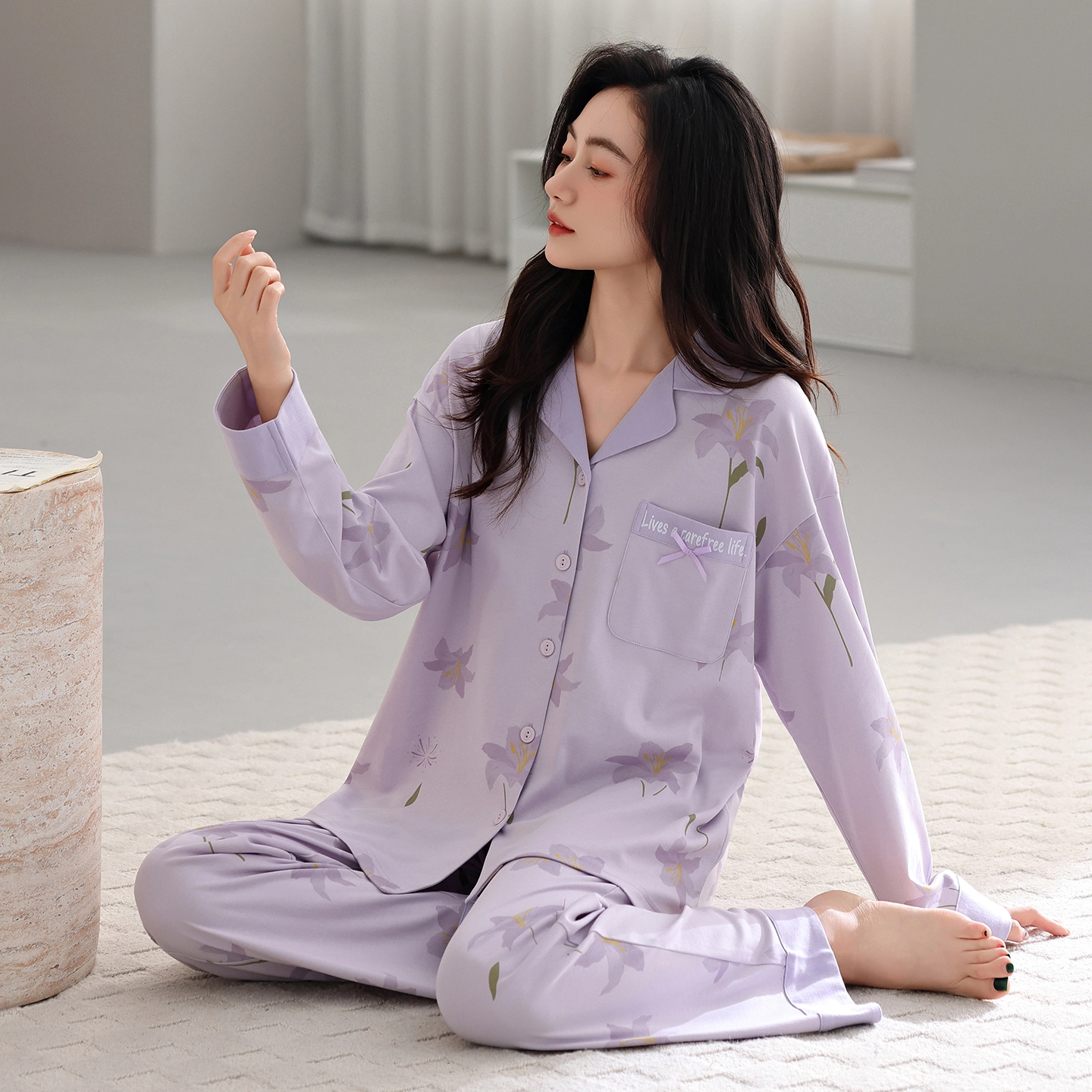芬腾可安 春秋设计感柔软纯棉优雅简约时尚亲肤翻领家居服睡衣套装 女款