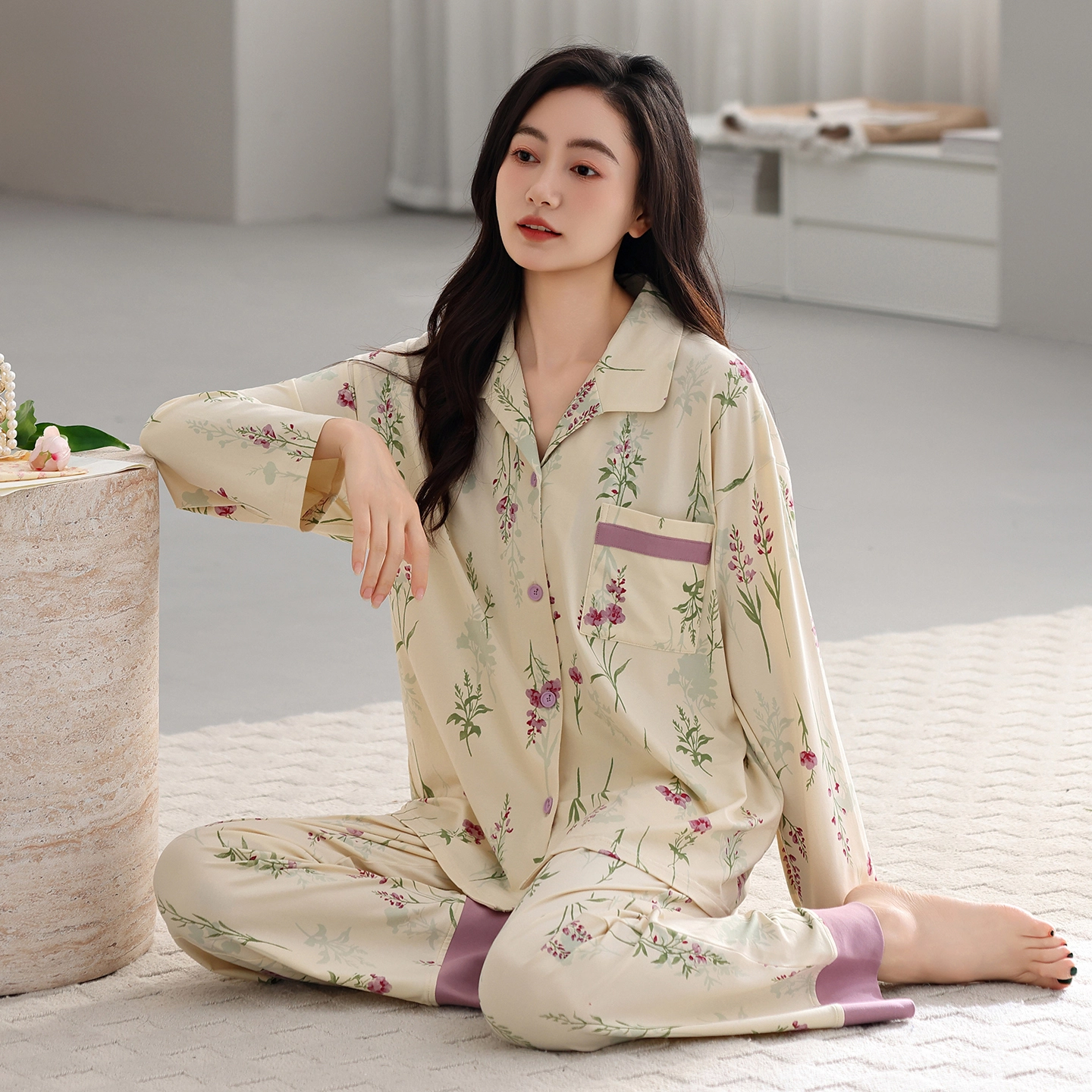 芬腾可安 春秋设计感柔软纯棉优雅简约时尚亲肤家居服睡衣套装 女款